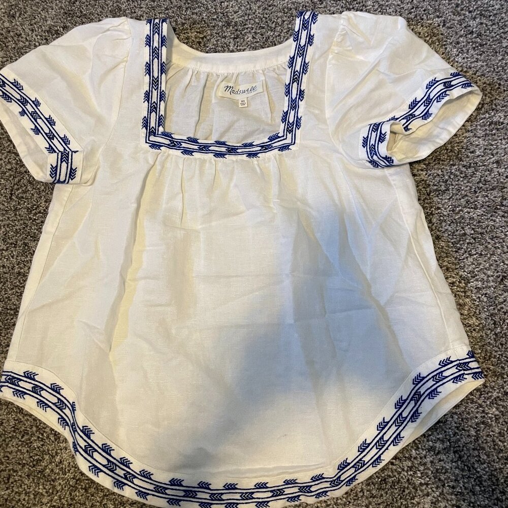 Madewell Square Neck White Bluse with Blue Accents